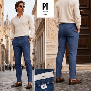 PT Torino Jazz Mens 32 Blue Cotton Silk Stretch Denim Trousers Pants Italy